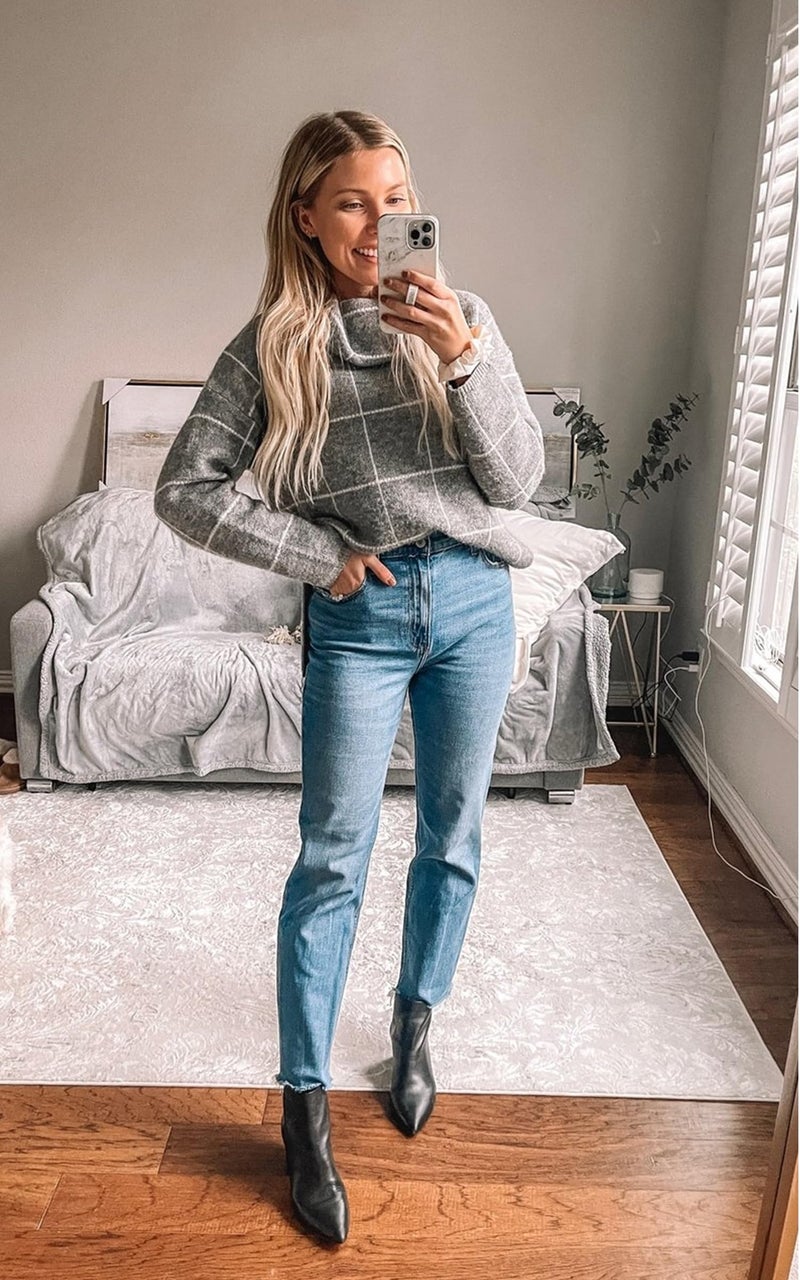 ECOWISH Women Fall Pullover Sweater Turtleneck Plaid Long Sleeve Loose Casual Chunky Checked Knit Winter Sweaters Jumper Tops 014gray M - Image 3